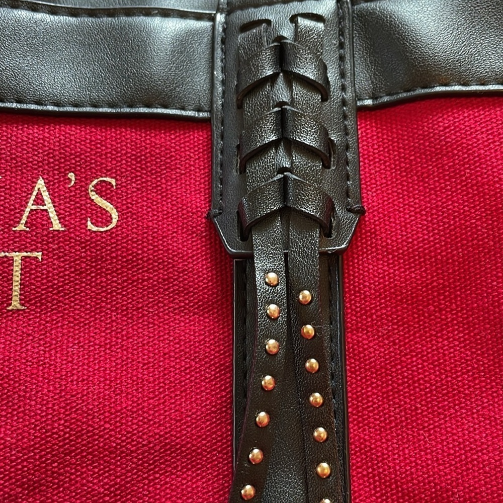 Victoria Secret red canvas tote with faux leather trim/ straps. Stud detail Moto - Picture 8 of 12